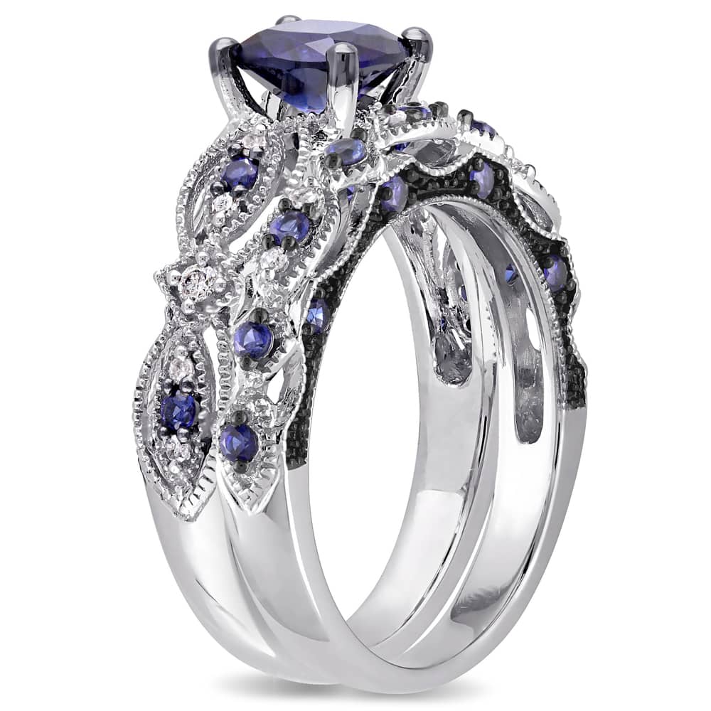 Miadora Signature Collection 10k White Gold Created Sapphire and 1/10ct TDW Diamond Bridal Set