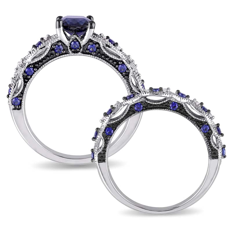 Miadora Signature Collection 10k White Gold Created Sapphire and 1/10ct TDW Diamond Bridal Set