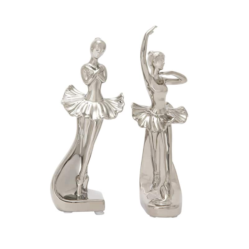 Silver Porcelain Ceramic Dancer Decorative Sculpture (Set of 2) - 4 x 2.75 x 11 and 3 x 2.5 x 10 - 4 x 2.75 x 11 and 3 x 2.5 x 10 - Silver