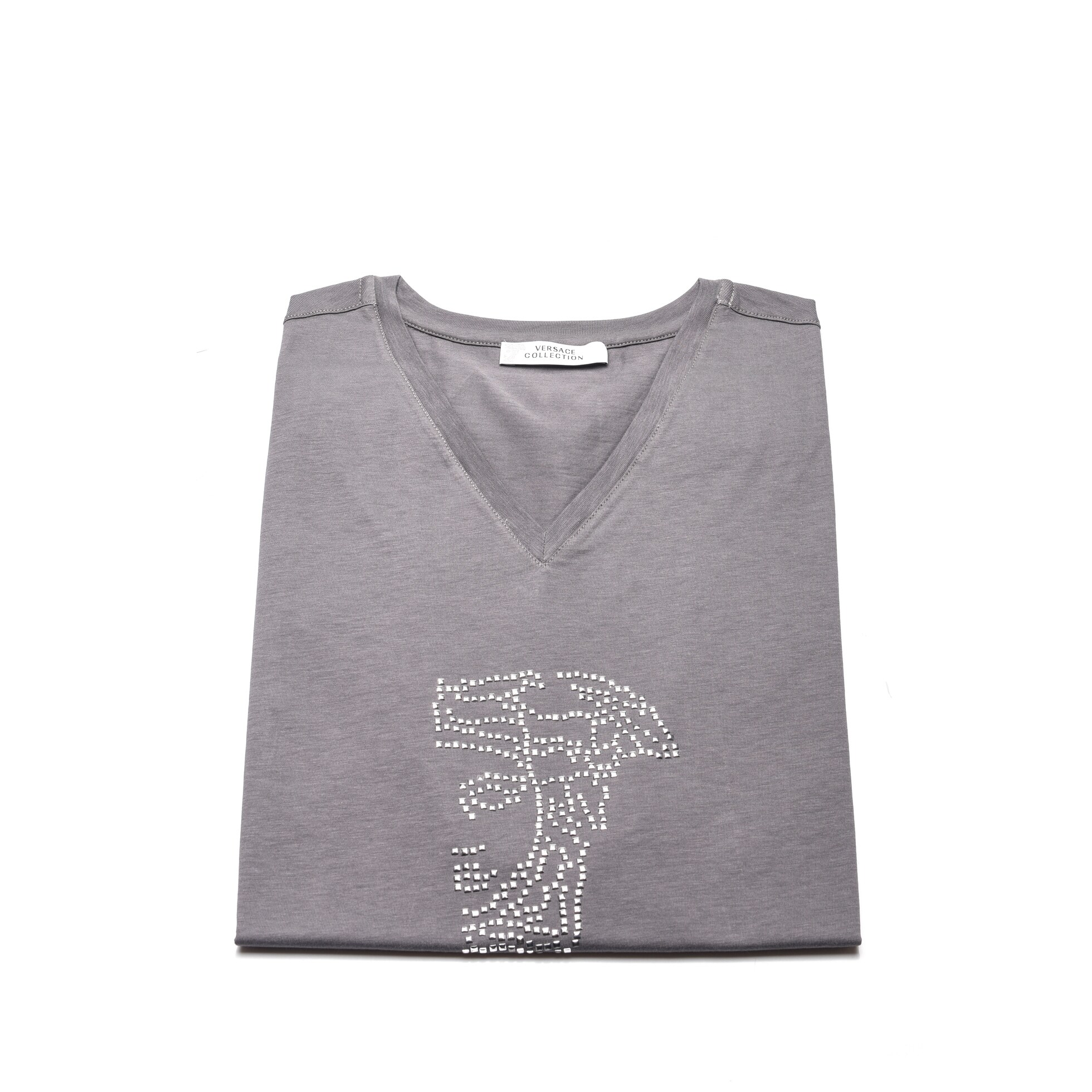 Versace Collection Gray V-Neck Half Medusa Studded Logo Short Sleeve T-Shirt