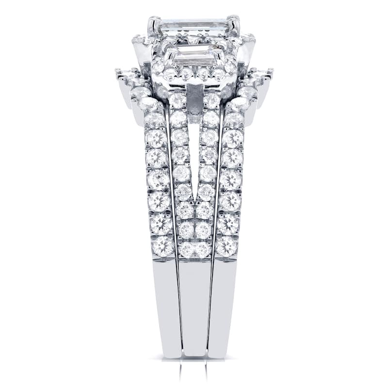 Kobelli 1.7 Carats Natural Diamonds 14k Solid White Gold Emerald-cut 3-Stone Triple Halo Half Eternity Bands 3pc Bridal Set