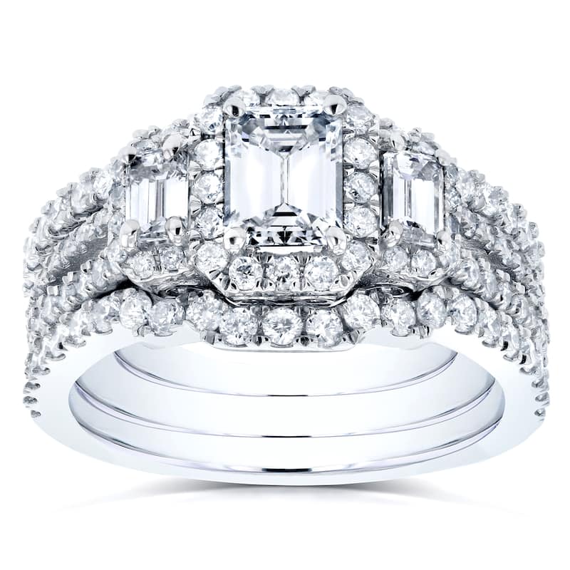 Kobelli 1.7 Carats Natural Diamonds 14k Solid White Gold Emerald-cut 3-Stone Triple Halo Half Eternity Bands 3pc Bridal Set - 4