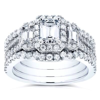 Kobelli 1.7 Carats Natural Diamonds 14k Solid White Gold Emerald-cut 3-Stone Triple Halo Half Eternity Bands 3pc Bridal Set