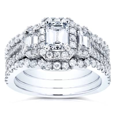 Kobelli 1.7 Carats Natural Diamonds 14k Solid White Gold Emerald-cut 3-Stone Triple Halo Half Eternity Bands 3pc Bridal Set