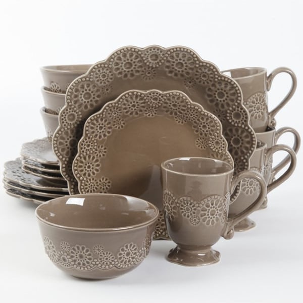 Gibson Elite Eyelet Lace 16piece Brown Dinnerware Set Free Shipping