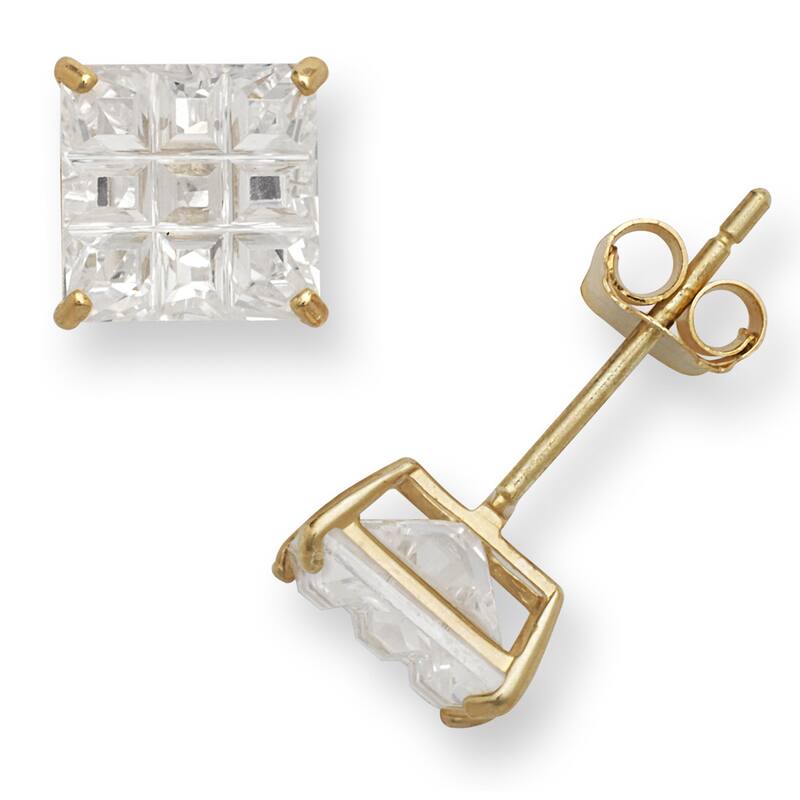 Curata 14k Gold 9-segment Princess Cubic Zirconia Stud Earrings - White - Yellow
