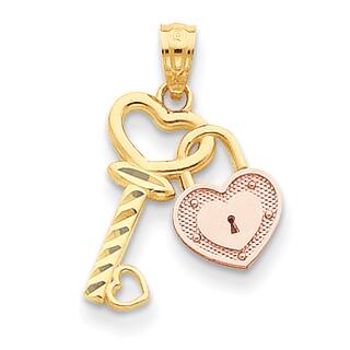 14k Yellow Gold Polished Two Tone Heart Shaped Lock and Love Key Pendant Necklace 14k Yellow Gold Polished Two Tone Heart Shaped Lock and Love Key Pendant Necklace