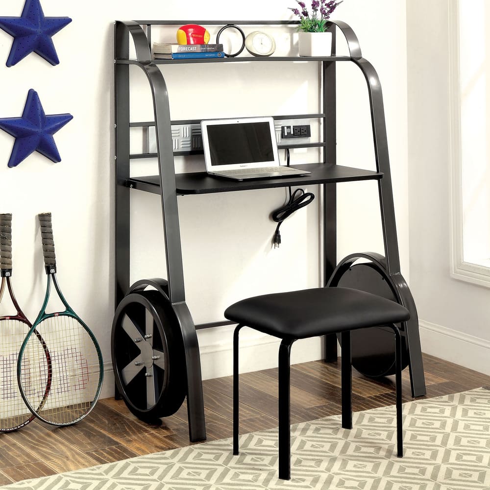 Furniture of America Loot Casual Black Metal 2-piece Desk with Stool Set