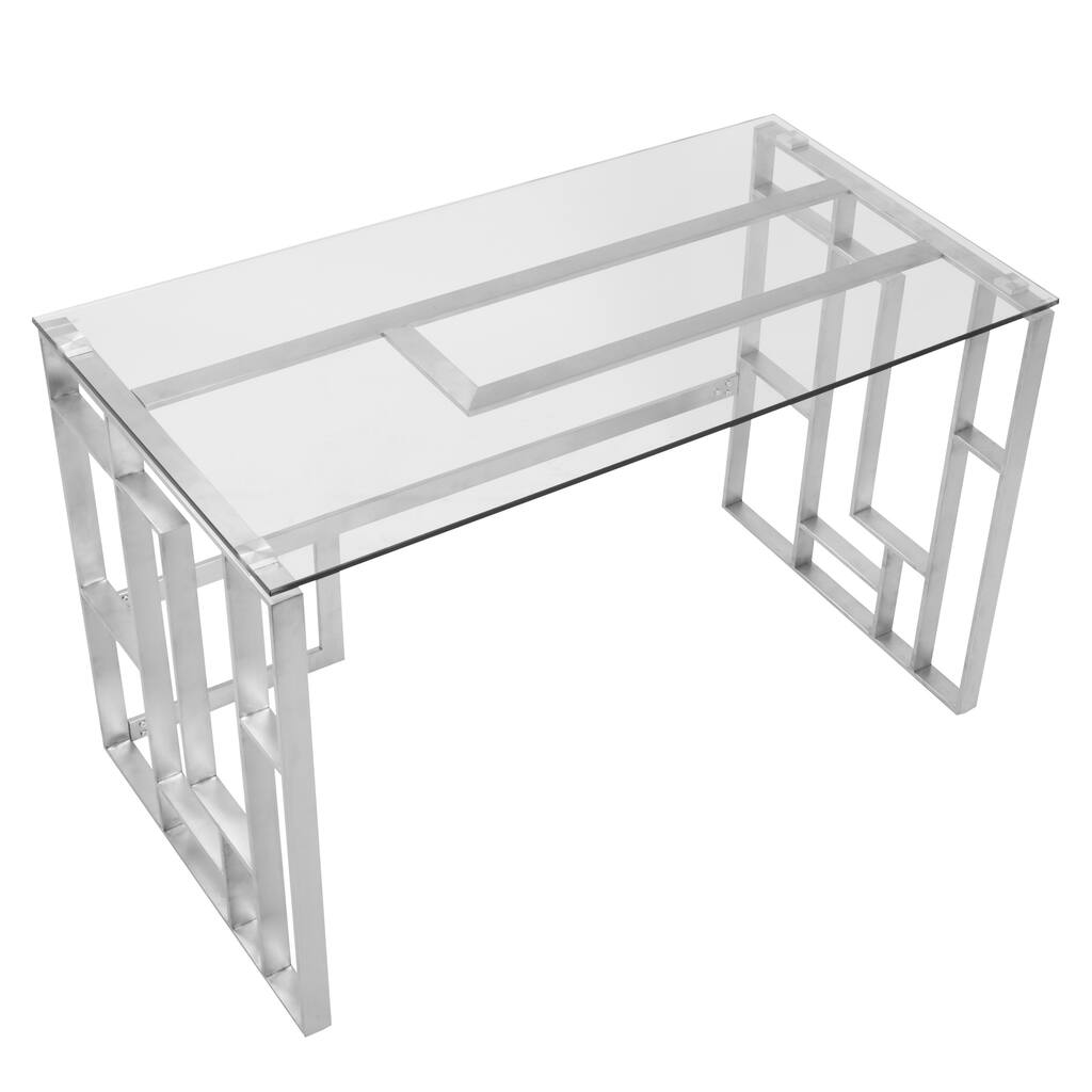 Mandarin Contemporary Desk in Brushed Stainless Steel + Clear Glass