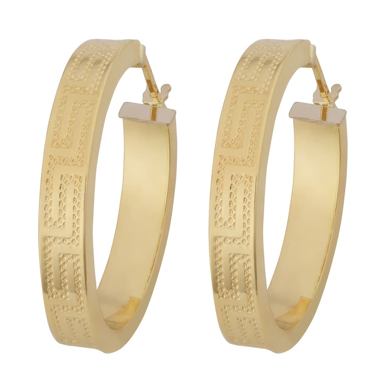 Fremada 18k Yellow Gold Italian 4X20-mm Greek Key Design on Surface Round Hoop Earrings