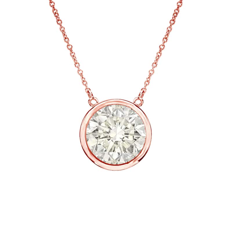 Auriya 1ctw Round Solitaire Diamond Necklace 14k Gold Bezel-set - 6.5mm (J-K, I1-I2) - Rose