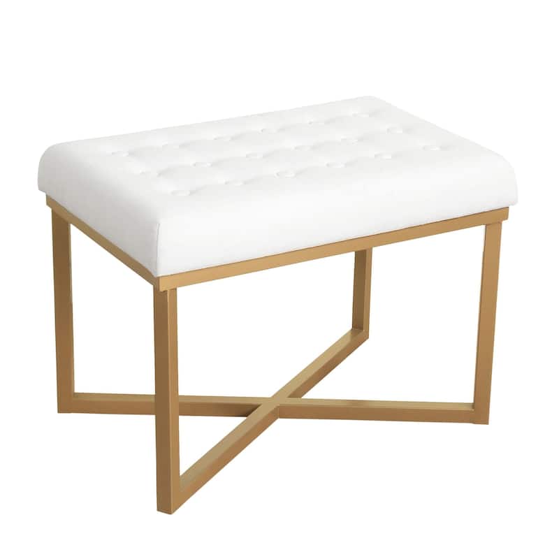 Silver Orchid Hartau Rectangular Ottoman with White Velvet Tufted Cushion and Gold Metal X Base
