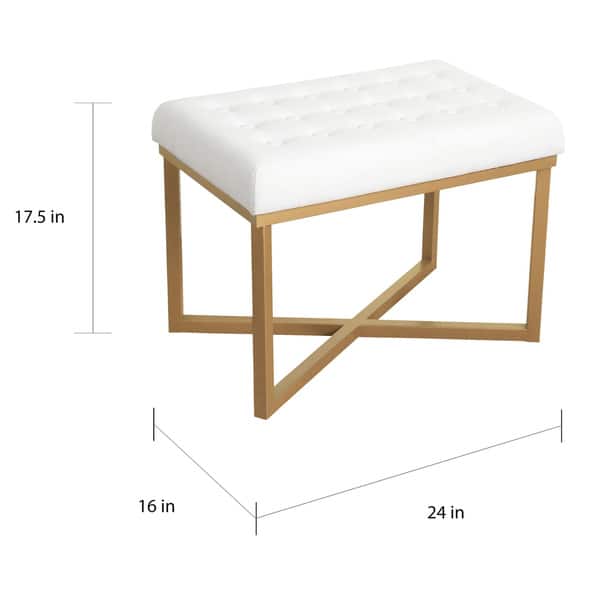 Silver Orchid Hartau Rectangular Ottoman with White Velvet Tufted Cushion and Gold Metal X Base