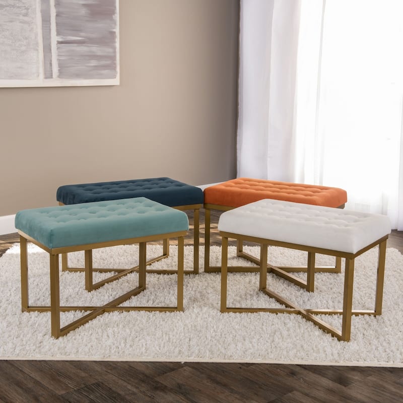 Silver Orchid Hartau Rectangular Ottoman with White Velvet Tufted Cushion and Gold Metal X Base