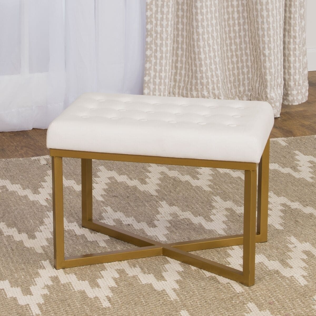 Silver Orchid Hartau Rectangular Ottoman with White Velvet Tufted Cushion and Gold Metal X Base