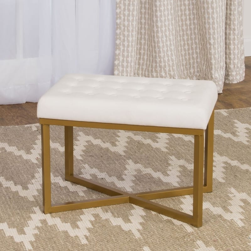 Silver Orchid Hartau Rectangular Ottoman with White Velvet Tufted Cushion and Gold Metal X Base - White