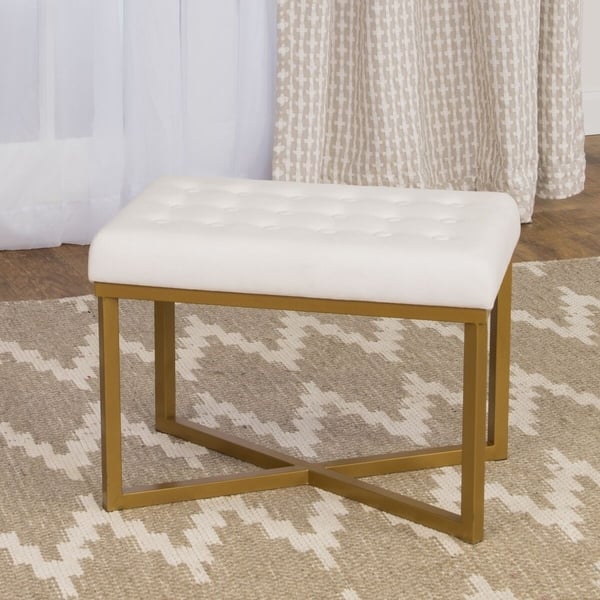 slide 2 of 10, Silver Orchid Hartau Rectangular Ottoman with White Velvet Tufted Cushion and Gold Metal X Base White