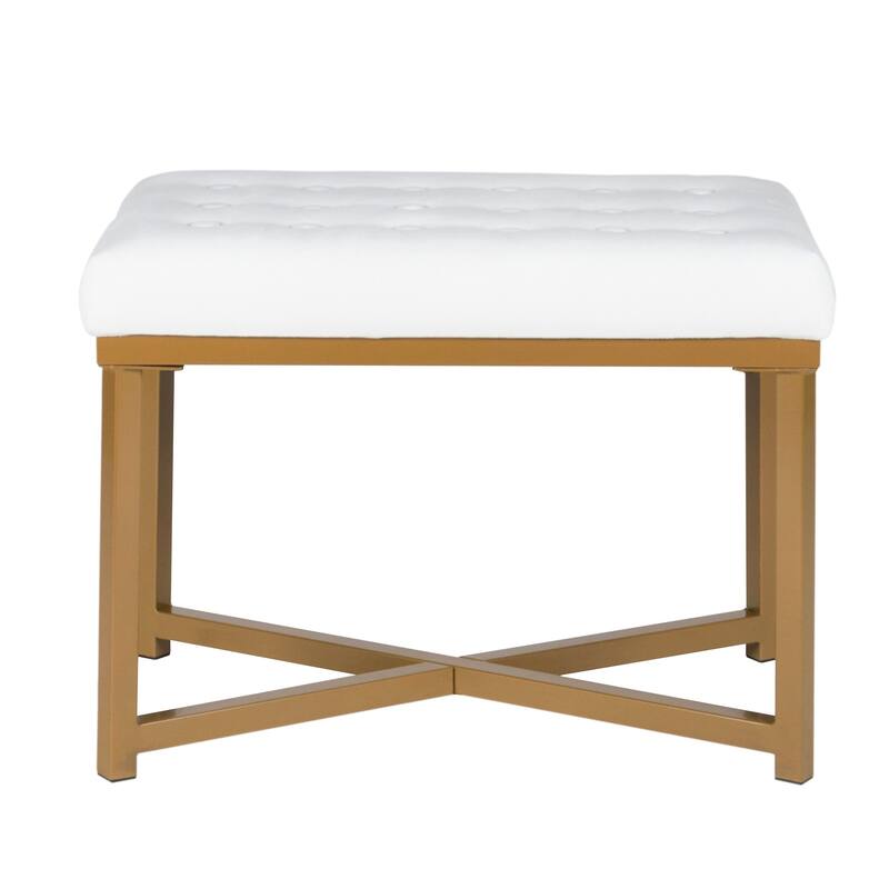 Silver Orchid Hartau Rectangular Ottoman with White Velvet Tufted Cushion and Gold Metal X Base