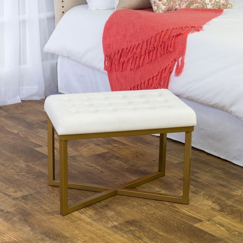Silver Orchid Hartau Rectangular Ottoman with White Velvet Tufted Cushion and Gold Metal X Base
