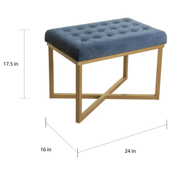 Silver Orchid Pugo Rectangular Ottoman with Midnight Velvet Tufted Cushion and Gold Metal X Base