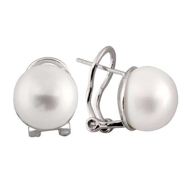 slide 1 of 3, Sterling Silver Freshwater Pearl Omega Clip Stud Earrings (12-13mm) White