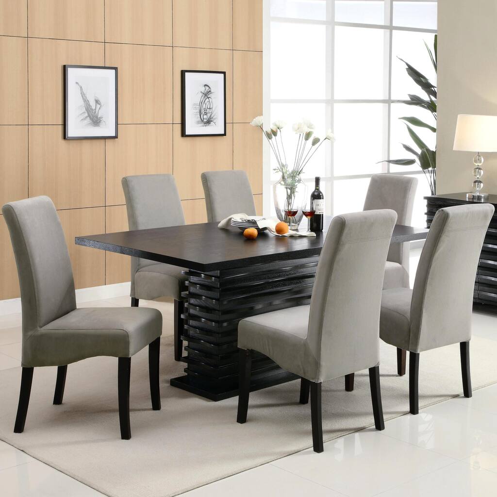 Modern Black Dazzling Wave Design Grey Upholstered Dining Set