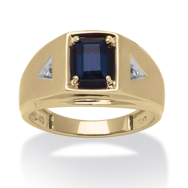 Shop 10k Yellow Gold Men&#39;s Emerald-cut Lab Created Sapphire and Diamond Accent Ring - On Sale ...