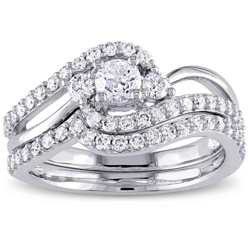 Miadora Signature Collection 14k White Gold 1ct TDW Diamond Crossover 3-Stone Bridal Ring Set - 5.5