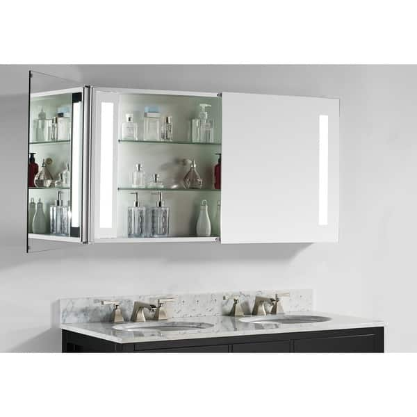 Shop Innoci Usa Zeus Led Double Door Wall Mount Mirrored Lighted Medicine Cabinet Vanity Featuring Ir Sensor Tempered Glass Shelves Overstock 11417167 Lighted Shelves Drawers 48 Inches Wide X 26 Inches