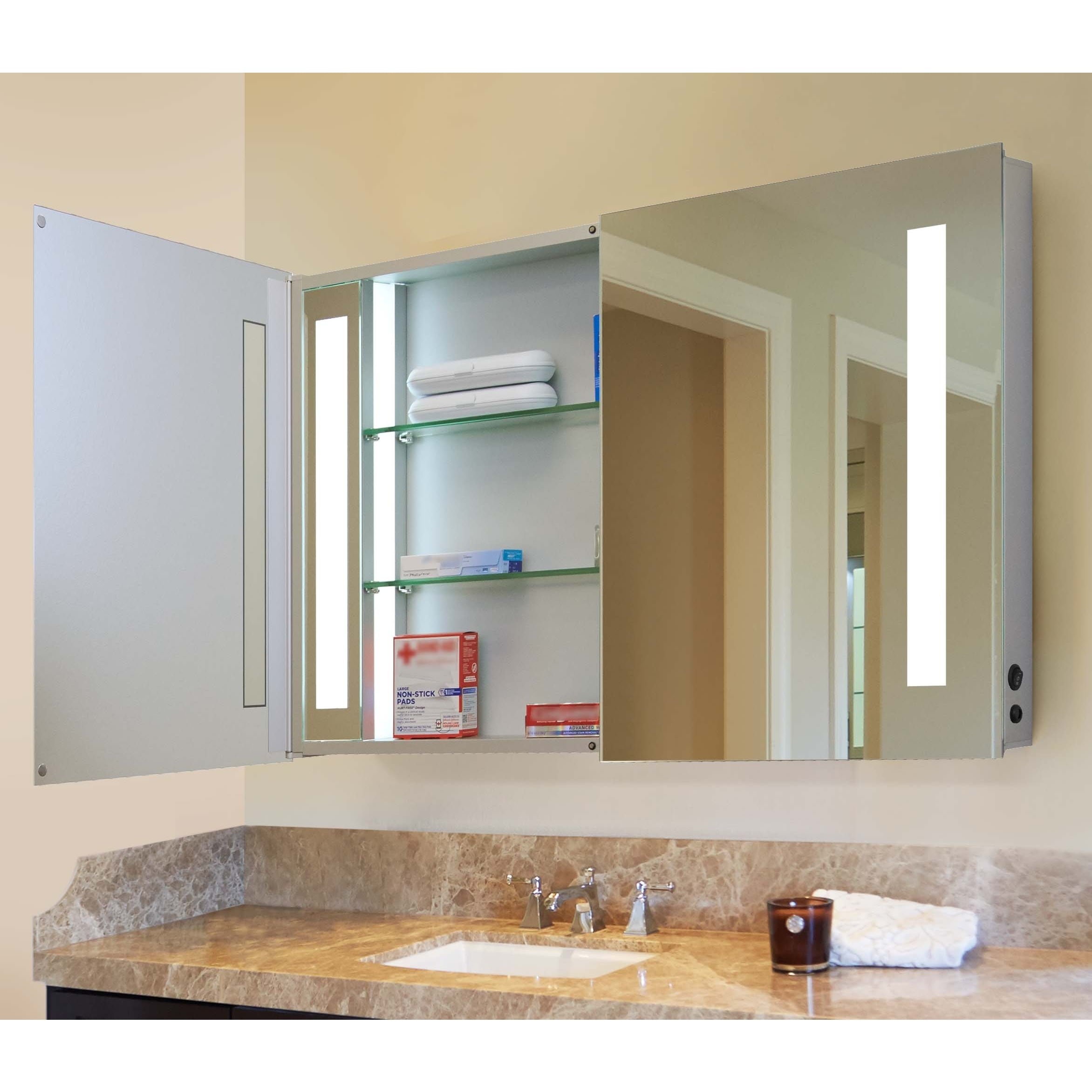 Shop Innoci Usa Zeus Led Double Door Wall Mount Mirrored Lighted Medicine Cabinet Vanity Featuring Ir Sensor Tempered Glass Shelves Overstock 11417167 Lighted Shelves Drawers 48 Inches Wide X 26 Inches