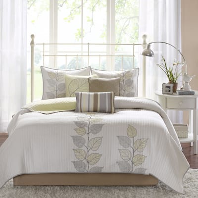 Madison Park Jocelyn Yellow 6 Piece Embroidered Quilt Set with Throw Pillows