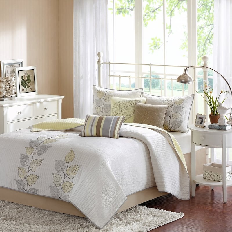 Madison Park Jocelyn Yellow 6 Piece Embroidered Quilt Set with Throw Pillows