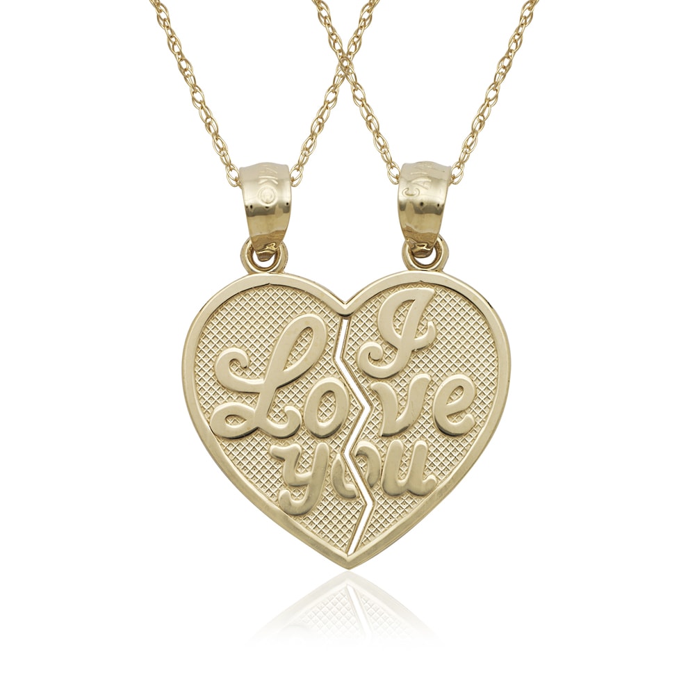 14K Yellow Solid Gold I Love You Heart Charm 2-Piece Pendant with 0.8mm Box Chains