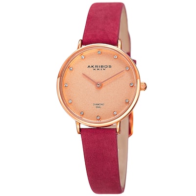 Akribos XXIV Women's Quartz Diamond Markers 'Crazy Horse' Leather Pink Strap Watch