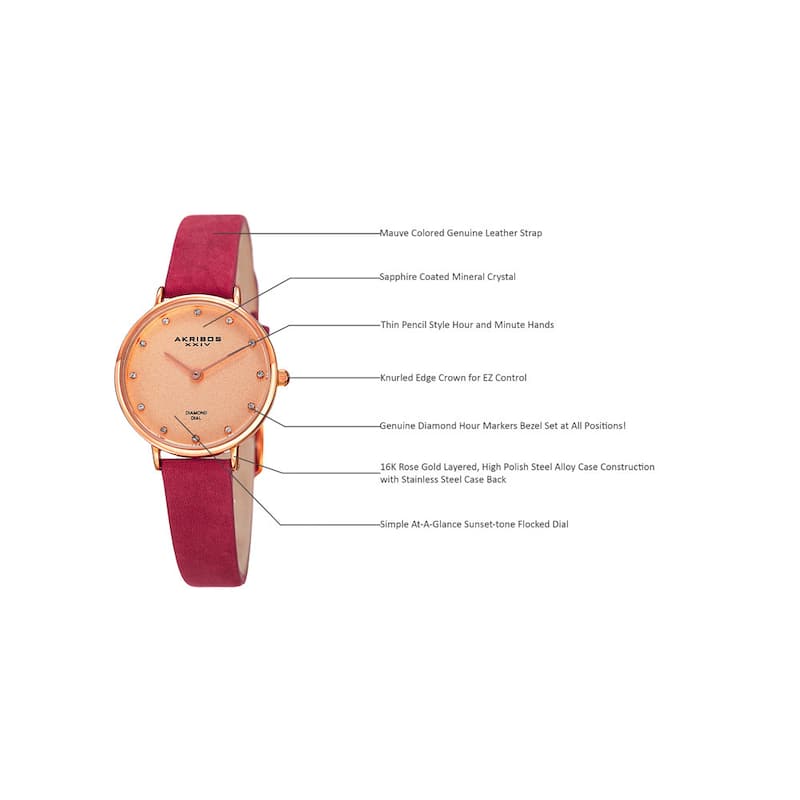Akribos XXIV Women's Quartz Diamond Markers 'Crazy Horse' Leather Pink Strap Watch