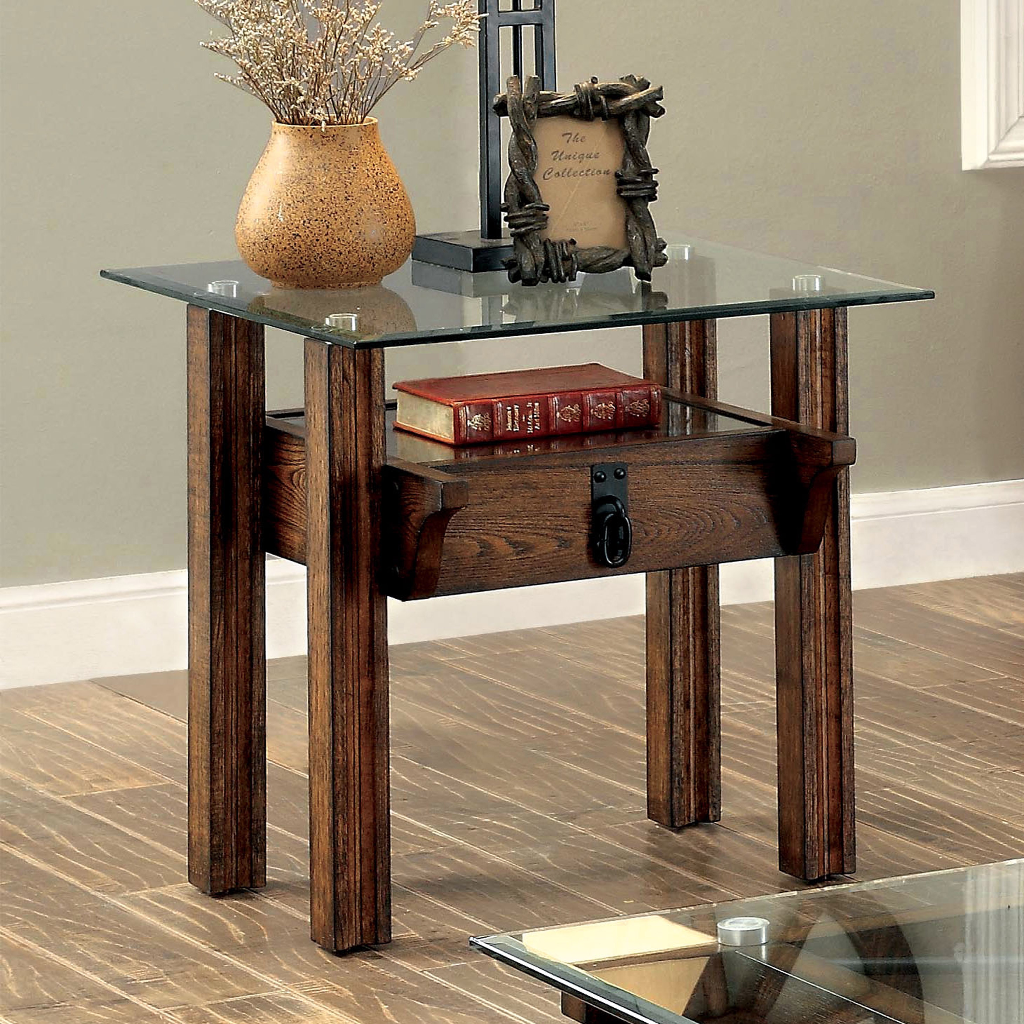 End Table Glass Top Rustic Wooden Home Living Room ...