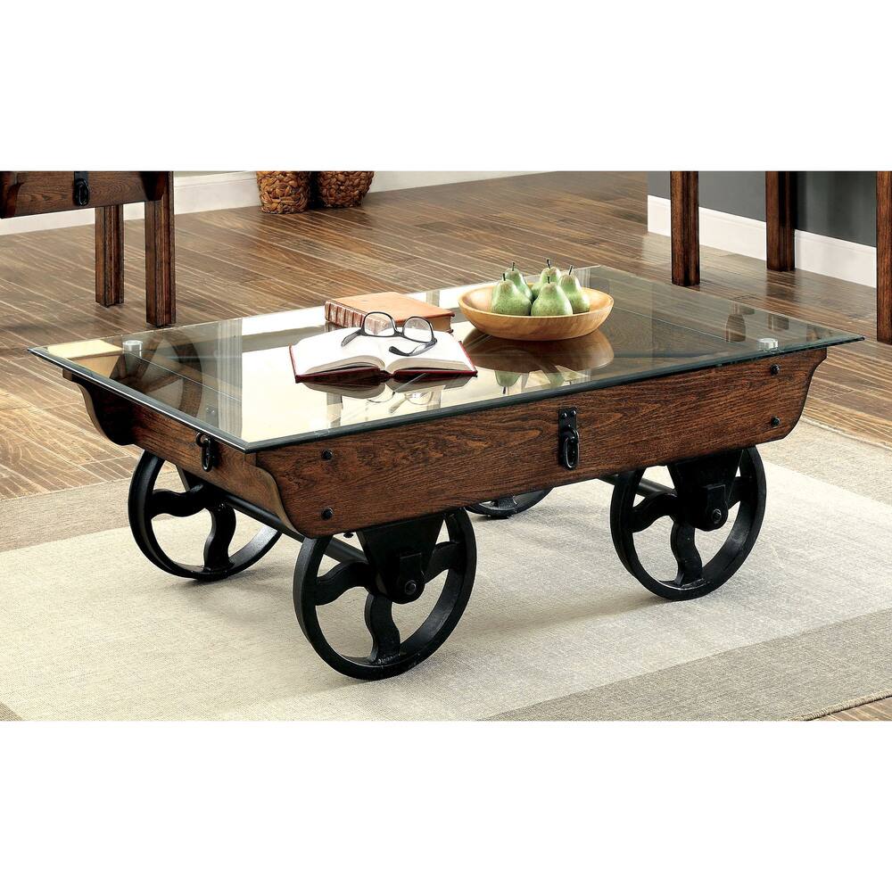 Furniture of America Howe Industrial Oak Metal Wheel Coffee Table