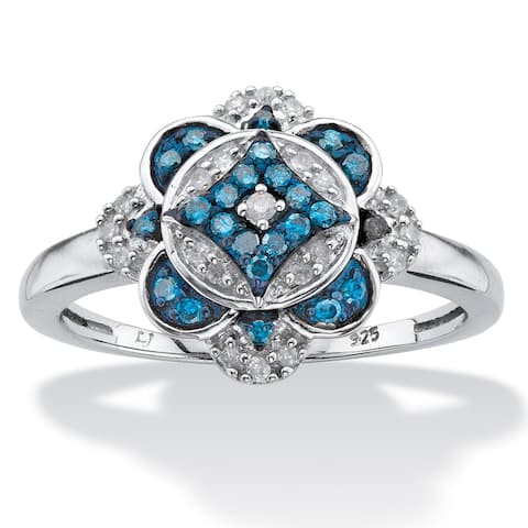 Platinum over Silver 1/5ct TDW Enhanced Blue and White Diamond Floral Motif Cocktail Ring