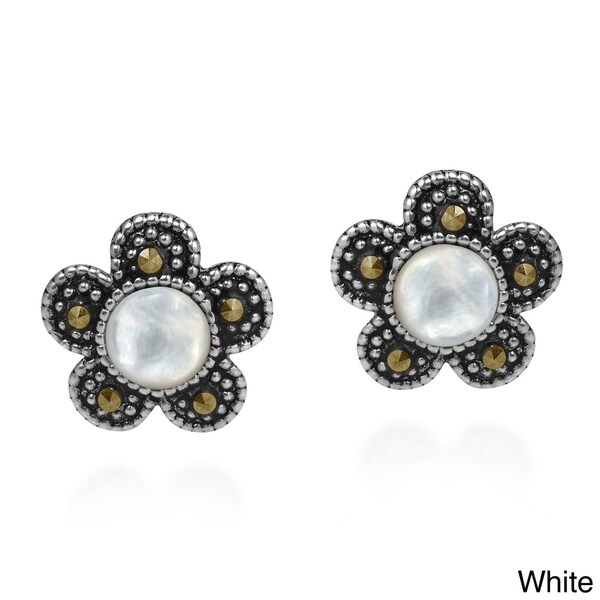 Structured Daisy Reconstructed Red Coral and Marcasite Style Pyrite .925 Sterling Silver Post Earrings