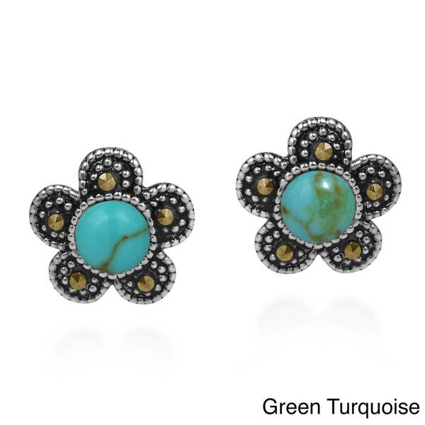 Structured Daisy Reconstructed Red Coral and Marcasite Style Pyrite .925 Sterling Silver Post Earrings