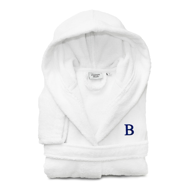 Embroidered Pattern Sweet Kids Turkish Cotton Terry Cloth White Royal Blue Monogram Hooded Bathrobe