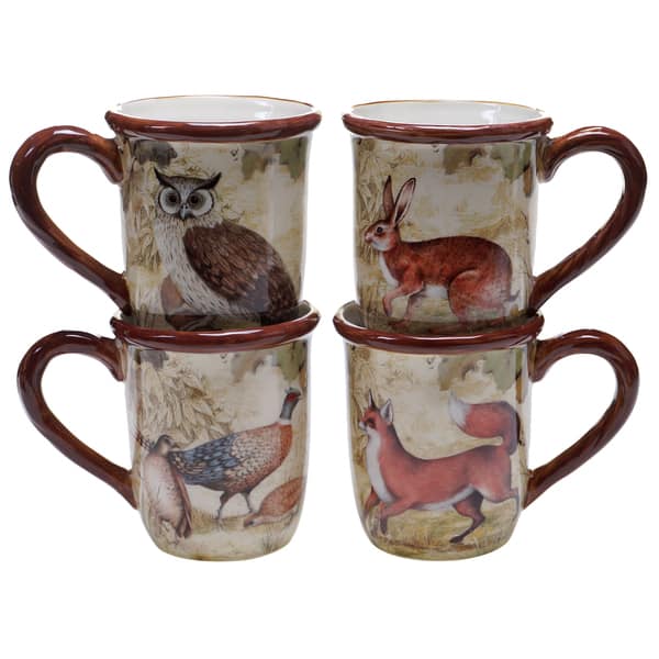 Rustic Rooster Coffee Mugs, Each 8 oz. Set of 4 Glazed Ceramic Mugs