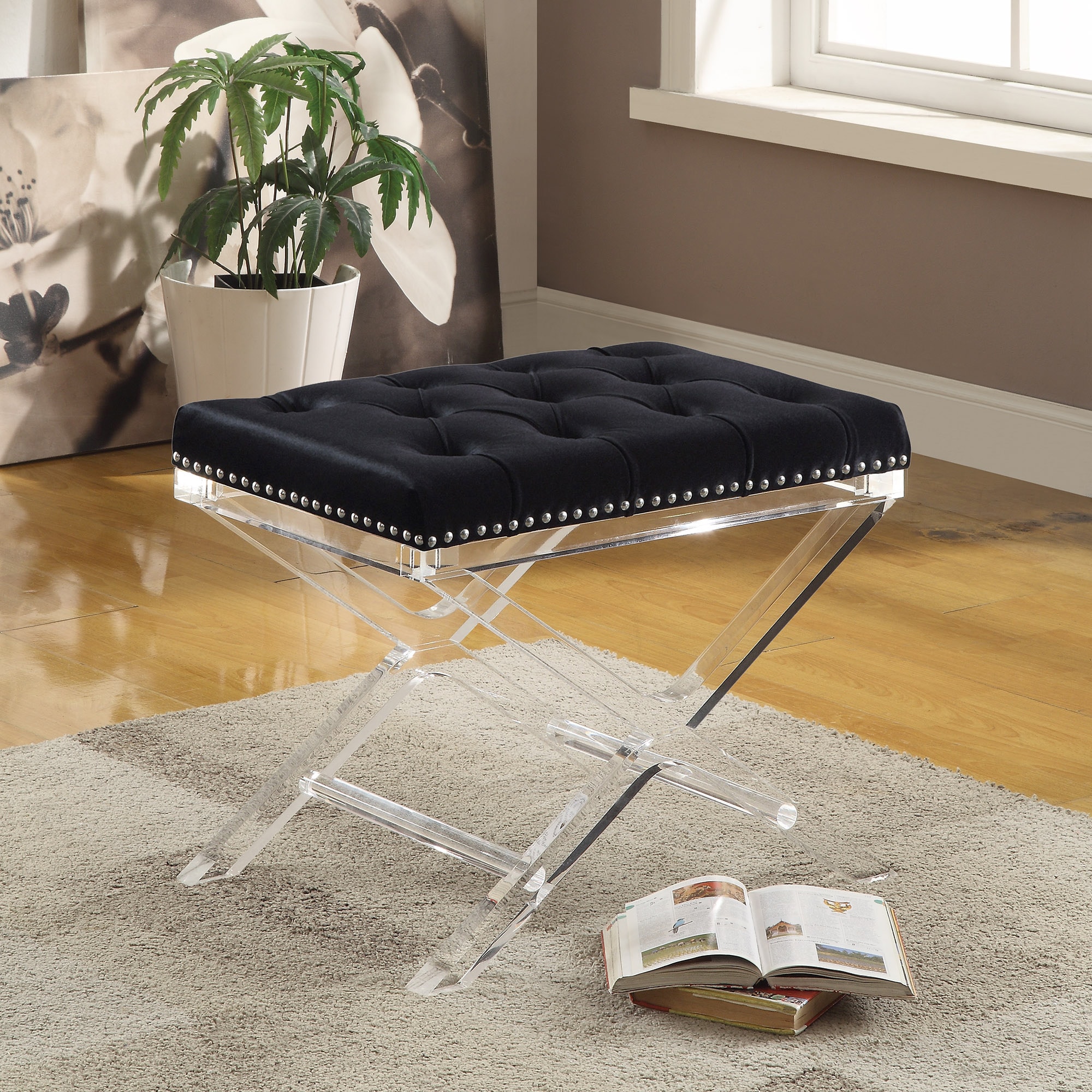 Shop Evoque Velvet Bench With Acrylic Legs Free Shipping Orders Over $45 Overstock