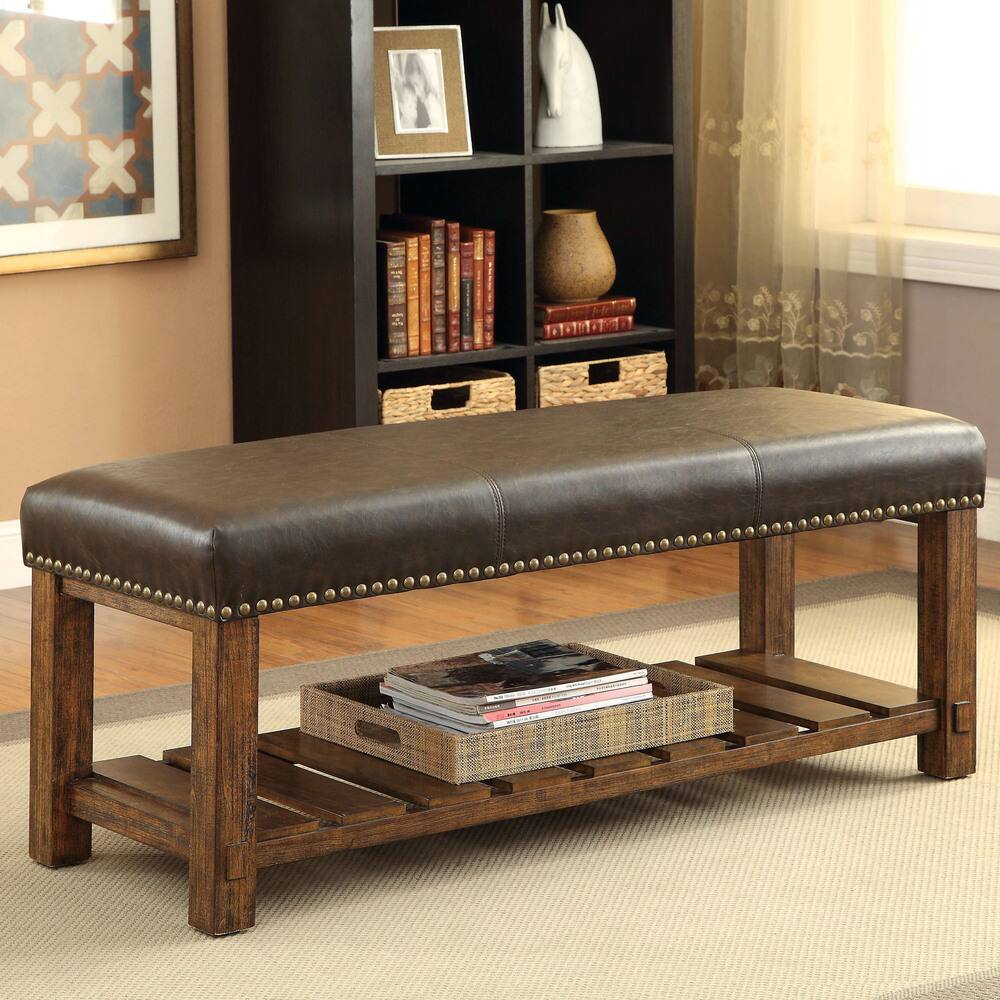 Furniture of America Lasa Rustic Oak Faux Leather Entryway Bench