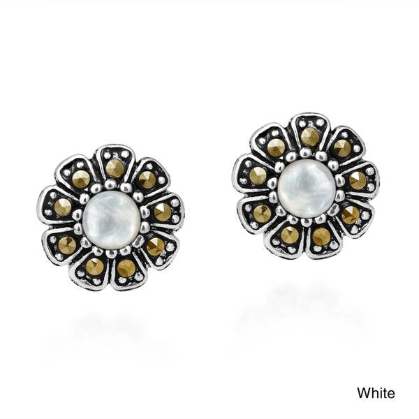Structured Daisy Reconstructed Red Coral and Marcasite Style Pyrite .925 Sterling Silver Post Earrings