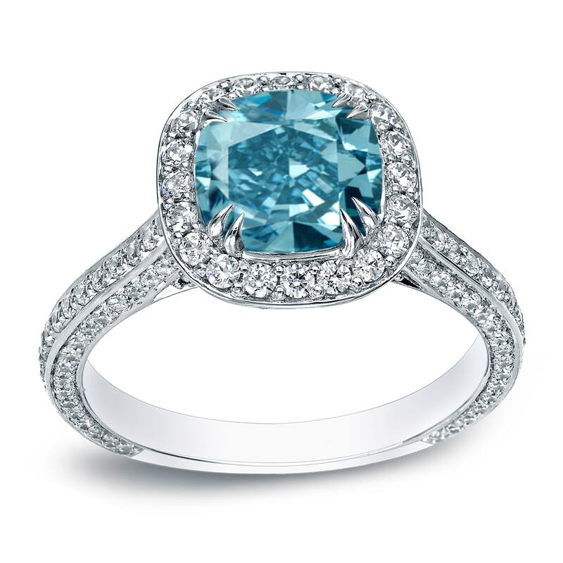 Auriya 18k Gold 3 carat TW Cushion-cut Halo Blue Diamond Engagement Ring