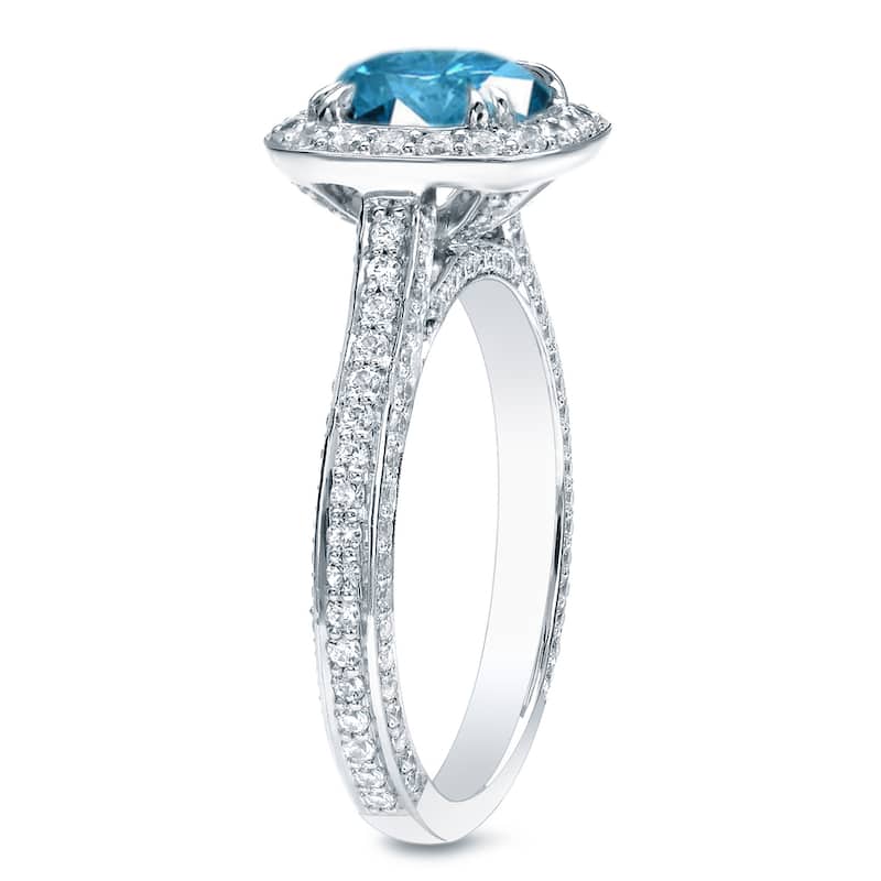 Auriya 18k Gold 3 carat TW Cushion-cut Halo Blue Diamond Engagement Ring