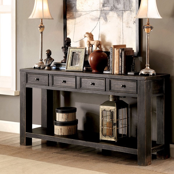 Shop Furniture of America Cosbin Bold Antique Black 4-drawer Sofa Table