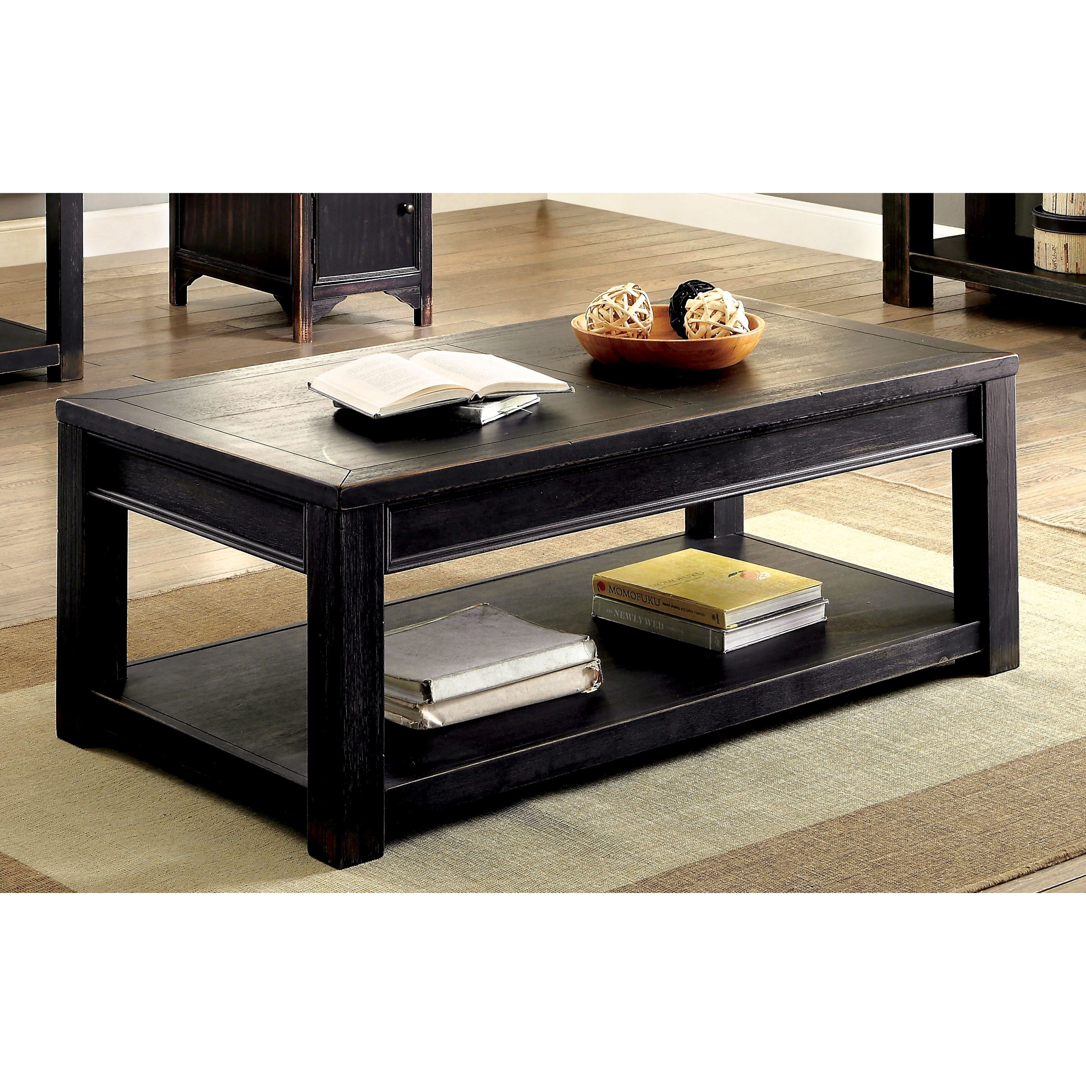 Furniture of America Medrum 36 in. Antique Black Square Solid Wood Coffee Table with Storage