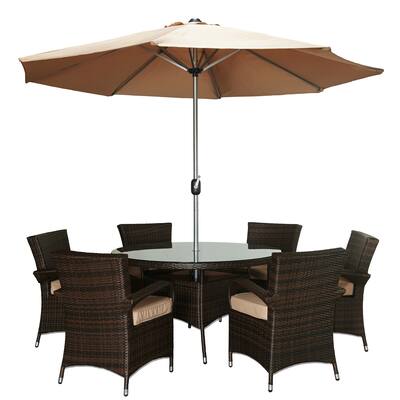 Azul 8-Piece All-Weather Wicker Dining Set Espresso Brown With Beige Umbrella and Cushions